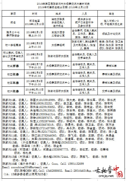 2019年春节第四届陈家沟村太极拳交流大赛信息通告