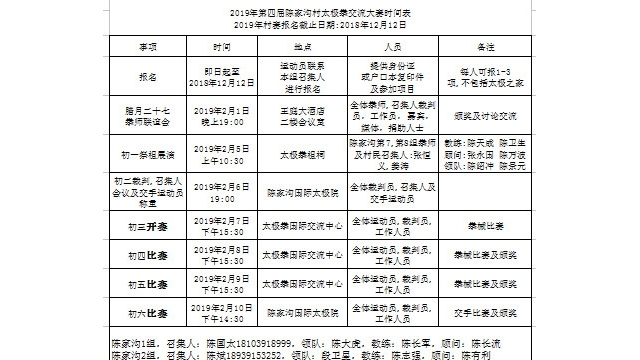 2019年春节第四届陈家沟村太极拳交流大赛信息通告